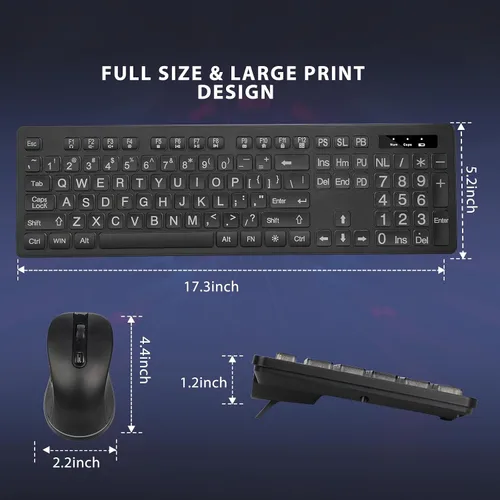 Miniatura 6 de Teclado y mouse inalámbricos retroiluminados con impresión grande, 2.4G de tamaño completo con letras grandes y llave de retroiluminación, letras
