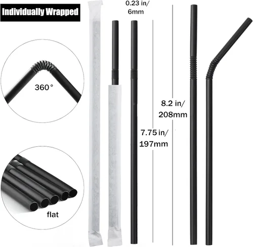 Miniatura 2 de ALINK 500 unidades de pajitas de plástico flexibles negras, pajitas desechables plegables envueltas individualmente - 19,7 cm x 0,58 cm