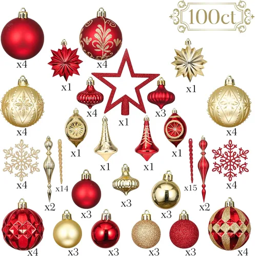 Miniatura 3 de Valery Madelyn Adornos para árboles de Navidad, 100 unidades, color rojo y dorado, irrompibles, adornos de bola colgante de lujo a granel