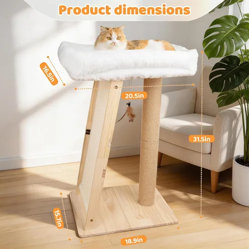 Miniatura 2 de Poste rascador para gatos de 31.5 pulgadas, muebles multifuncionales de madera de pino natural 3 en 1, postes altos para rascar con percha