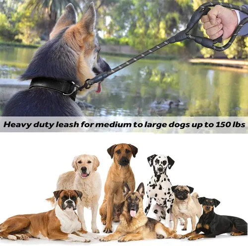 Miniatura 5 de JSXD Correa resistente de doble asa para perro, 5 pies, acolchada y reflectante, cuerda para perros pequeños a grandes (negro)