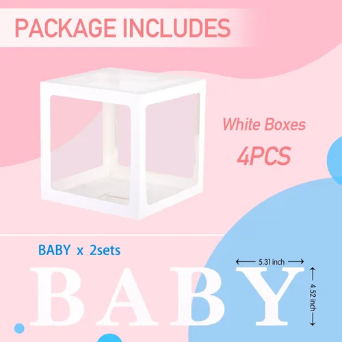Miniatura 2 de Cajas de bebé PABUES con 4 piezas de letras para baby shower, caja de globos transparentes en blanco con bloques para revelación de género