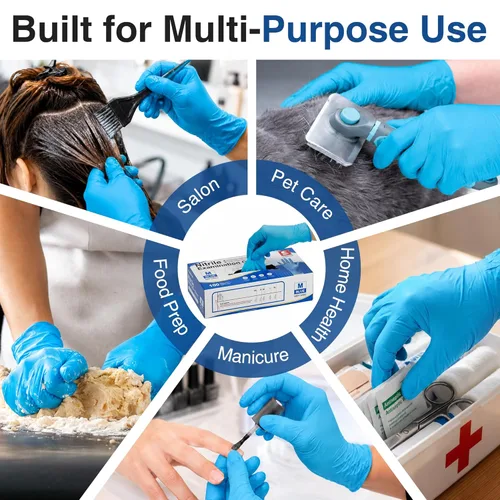 Miniatura 6 de Guantes de examen de nitrilo Schneider, grandes, caja de 100, guantes desechables resistentes, texturizados, sin látex, aptos para alimentos, Azul