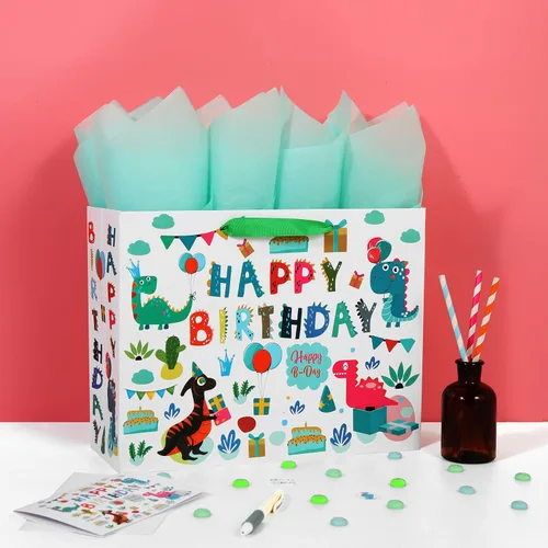 Miniatura 5 de Qirrmiy Juego de bolsas de regalo grandes de 13 pulgadas con tarjeta de felicitación y papel de seda (diseño de dinosaurio verde y feliz cumpleaños)