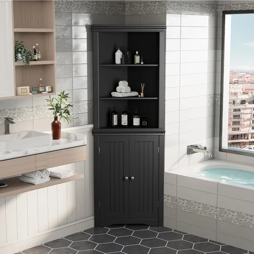 Miniatura 7 de JUMMICO Armario esquinero de baño con 2 puertas y estantes de 3 niveles, armario de almacenamiento esquinero independiente para baño, sala de estar