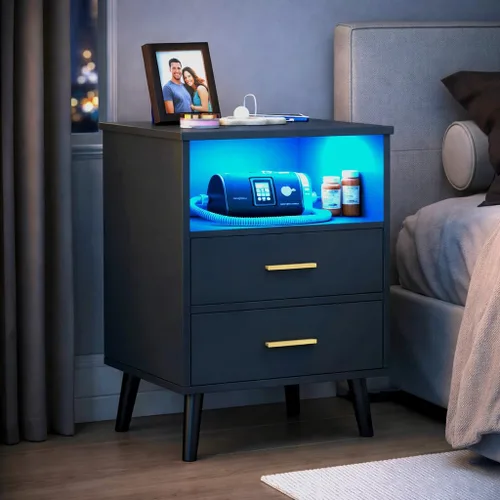 Miniatura 8 de LVSOMT Mesita de noche negra para dormitorio con estación de carga y luces LED, moderna mesita de noche con cajón oculto, mesita de noche