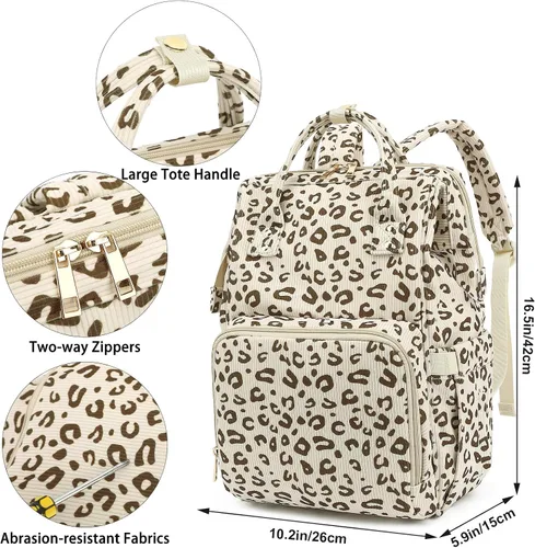 Miniatura 7 de Pañalera de pana para bebés, niñas y niños, bolsas grandes para pañales para mamá (leopardo de pana beige)