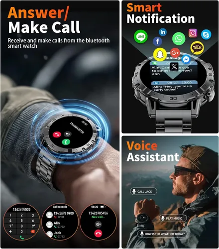 Miniatura 5 de Reloj inteligente militar para hombre, reloj inteligente HD de 1.85 pulgadas, batería grande de 1000 mAh, linterna LED/más de 100 modos deportivos