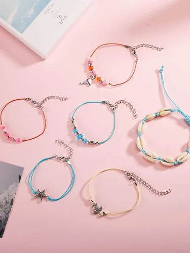 Miniatura 6 de 17 piezas Tobilleras ajustables Boho tortuga estrella de mar concha flamenco playa tobillo pulseras joyería pie pie para mujer