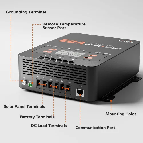 Miniatura 5 de LiTime 60A MPPT Controlador de Carga Solar (Sin Bluetooth Integrado), 12V/24V/36V/48V Auto, Entrada Máxima de PV 200VDC Pantalla LCD Regulador