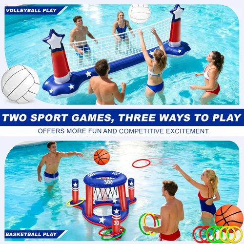 Miniatura 2 de Grandes juegos inflables de piscina, red de voleibol y aro de baloncesto con 2 pelotas de playa, bandera estadounidense, juguetes de agua