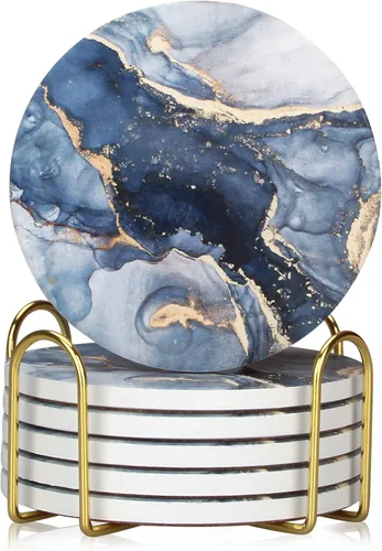 Miniatura 8 de Juego de 6 posavasos de cerámica abstractos de mármol negro con soporte para escritorio, salón, mesa de café, vino, bebidas, bar