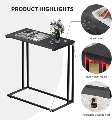 Miniatura 7 de Mesa auxiliar en forma de C, moderna mesa auxiliar con marco de metal, diseño que ahorra espacio para sala de estar, mesa de sofá de superficie Negro