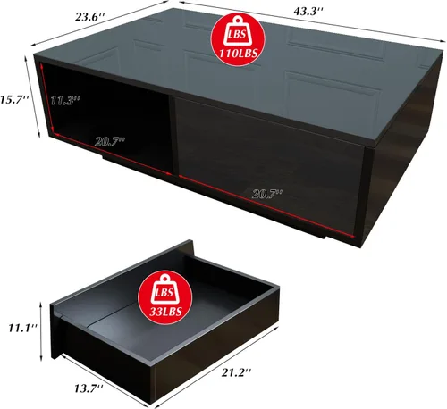 Miniatura 2 de COSVALVE Mesas de centro negras LED de 43.3 pulgadas para sala de estar con luces LED de 16 colores, mesa de centro moderna con cajón