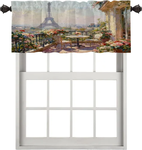 Miniatura 72 de Cortinas opacas de cocina con pintura al óleo de Europa rosa y negra para ventanas, cenefas opacas modernas de torre Eiffel de poliéster multicapa