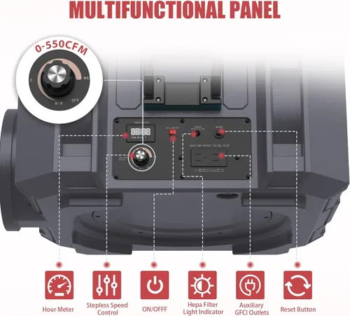 Miniatura 5 de Depurador de aire Hepa de 550CFM con filtración de 3 etapas, máquina de aire negativo apilable, purificador de aire comercial con filtros Gris