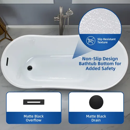 Miniatura 6 de WOODBRIDGE Bañera de acrílico independiente de 59 pulgadas, bañera blanca de remojo contemporáneo con desbordamiento y drenaje negro mate, Mate negro