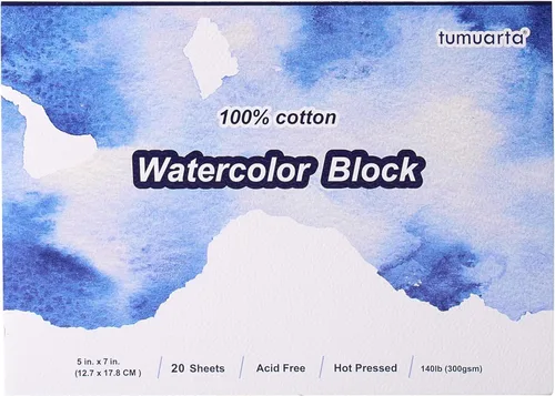 tumuarta Watercolor Paper Block 100% Cotton,140 LB, 300 GSM, 20 Sheets, 5"x7", Hot Press, Acid Free, Watercolor Pad Mixed Media Sketchbooks for
