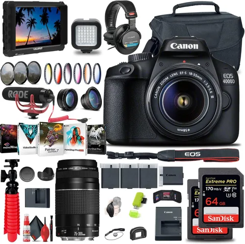 Canon Cámara DSLR EOS 4000D / Rebel T100 con lente de 0.709-2.165 in + lente Canon EF de 2.953-11.811 in + monitor 4K + micrófono + auriculares + 2