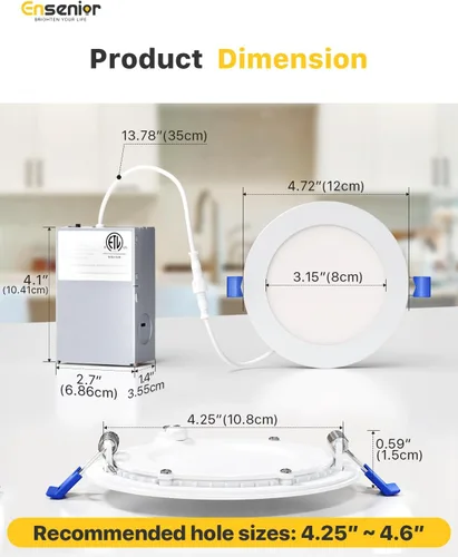 Miniatura 5 de Ensenior paquete de 12 luces LED empotrables de 4 pulgadas, regulables, 2700K-5000K, 5 CCT, 750 lm de alto brillo, 9 W, 120 V, 3 pines, ERL-9X-ETL