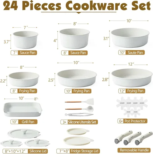 Miniatura 2 de SENSARTE Juego de 24 piezas de ollas y sartenes, antiadherentes con mango desmontable, utensilios de cocina de inducción con mango extraíble, Blanco