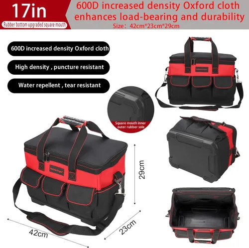 Miniatura 6 de Bolsa de herramientas de 17 pulgadas con correa de hombro ajustable, bolsas de herramientas de boca ancha, bolsa organizadora de herramientas