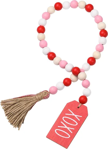 Miniatura 13 de Guirnalda de cuentas de madera de Pascua con borlas y etiqueta de conejo, cuentas de madera de estilo granja para decoraciones de bandeja