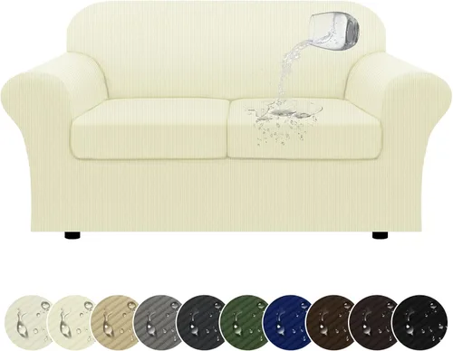 Miniatura 37 de Funda impermeable para silla con brazos, juego de 2 piezas, funda a rayas para 1 sofá separado con cojín en T, fundas de sillón de tela