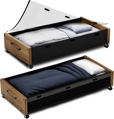 Miniatura 9 de Almacenamiento debajo de la cama con ruedas, 2 paquetes de contenedores de almacenamiento de madera extra grandes debajo de la cama, organizador