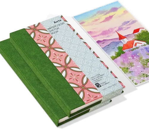 Miniatura 11 de Arrtx - Paquete de 2 cuadernos de bocetos de acuarela, 5.35 x 3.86, 140 libras, 300 GSM, papel 100% algodón, prensa en caliente, 40 hojas, diario