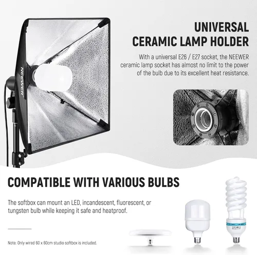 Miniatura 3 de NEEWER Caja de luz de 24 x 24 pulgadas con enchufe de porcelana E26/cable de alimentación/difusor blanco/adaptador de soporte, modificador