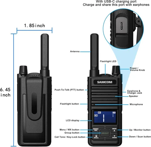 Miniatura 7 de SAMCOM Radio T2 GMRS de 2 W de largo alcance Walkie Talkie NOAA recargable para el clima, radio bidireccional resistente, radios de llamadas