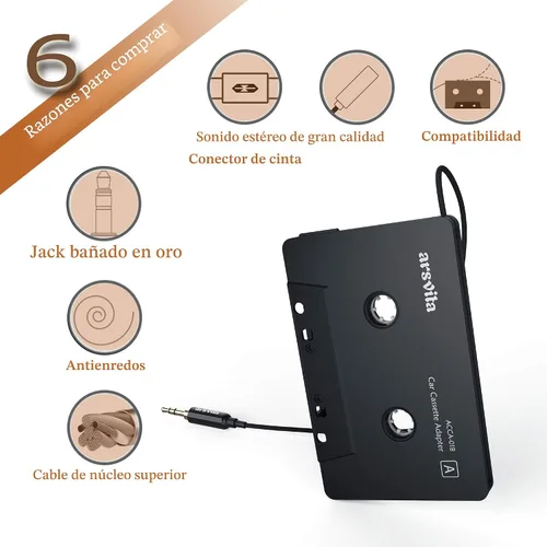 Miniatura 2 de Arsvita - Adaptador de audio de cassette a auxiliar para automóvil, con cable de audio auxiliar de 0.14 pulgadas