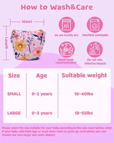Miniatura 37 de Alva, Pañales de bebé para nadar, paquete de 2 unidades, talle único, reutilizable, lavable y ajustable de 0 a 36 meses. Tamaño de 10 a 40 lbs