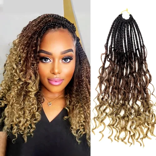 Miniatura 30 de Goddess Box Braids - Trenzas de cabello a ganchillo con extremos rizados, trenzas de caja bohemianas de 16 pulgadas, trenzas de ganchillo, 8 1B-4-30