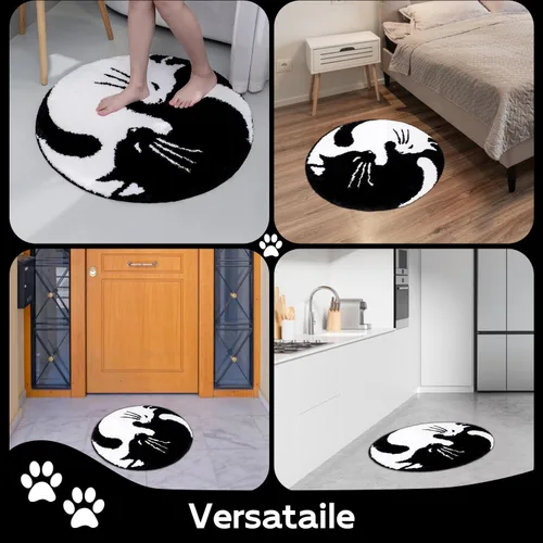 Miniatura 6 de Bonita alfombra de baño con diseño de gato Yin Yang, accesorio redondo de ducha de animales en blanco y negro, microfibra antideslizante lavable