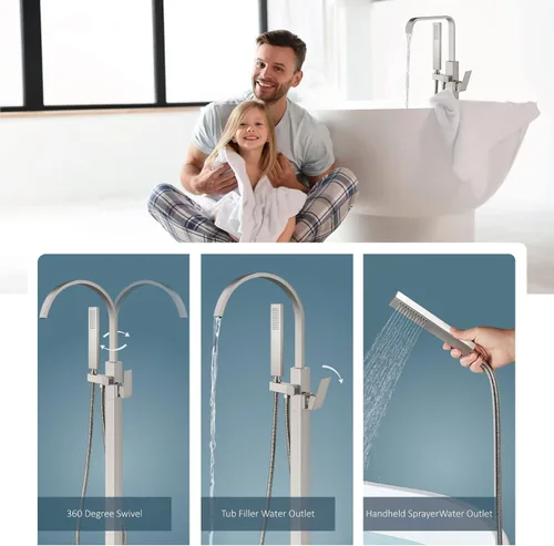 Miniatura 2 de Aolemi Llenador de bañera independiente de níquel cepillado para montaje en el suelo, grifo de bañera de baño cascada de latón con boquilla