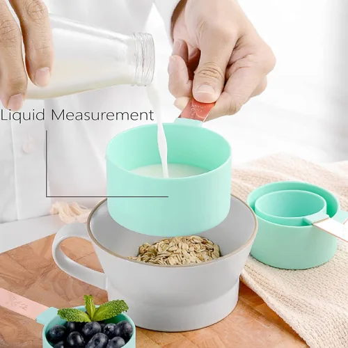 Miniatura 6 de Juego de tazas y cucharas medidoras con mango de acero inoxidable de oro rosa, 8 cucharadas apilables y precisas para medir ingredientes secos