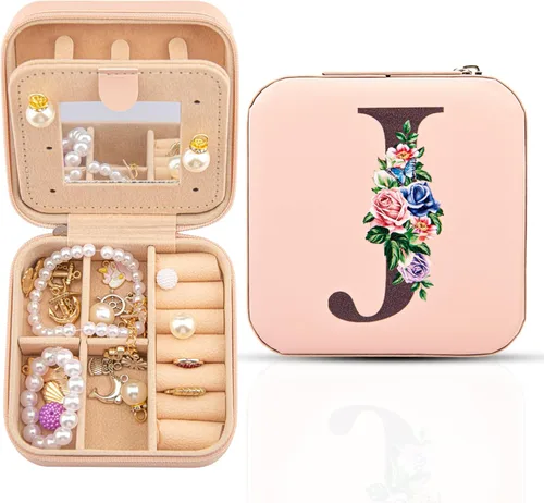 Meschett Joyero de viaje con espejo, organizador de joyas esenciales de viaje, organizador de anillos, collares y aretes, estuche de joyería de