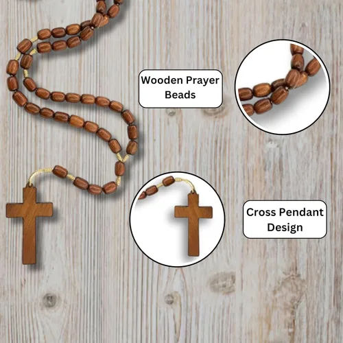 Miniatura 6 de Catholica Shop - Collar de Cuentas de Madera de Vestimenta Religiosa Católica con Colgante de Cruz de Madera, Collar de Rosario Católico I Collar