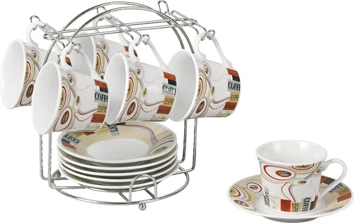 WORLD GIFTS Juego de tazas y platillos de espresso con soporte de metal para capuchino, café con leche, café moca - rojo y gris, 2 onzas, juego de 6