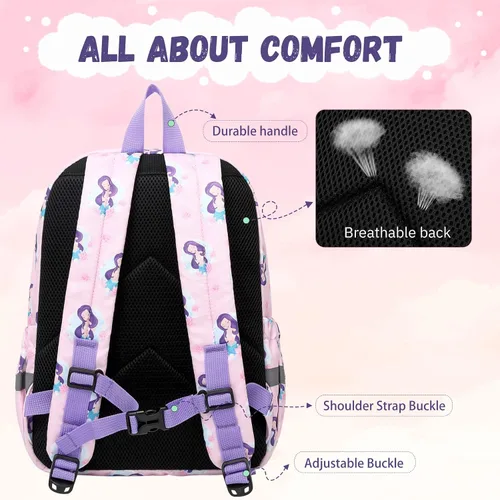 Miniatura 7 de MIRLEWAIY Mochila para niños pequeños con bolsa para monedas, Sirena rosa, Mochilas para mochila