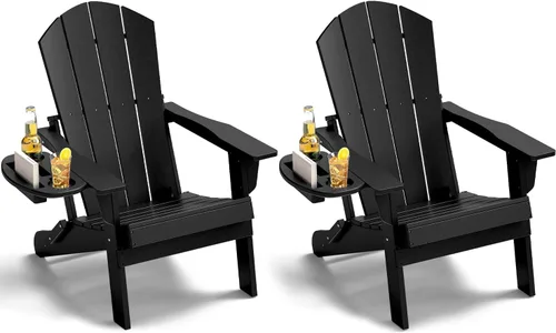 NAVINE Juego de 2 sillas Adirondack plegables de polietileno de alta densidad con portavasos multifuncional, resistente a la intemperie, para Negro