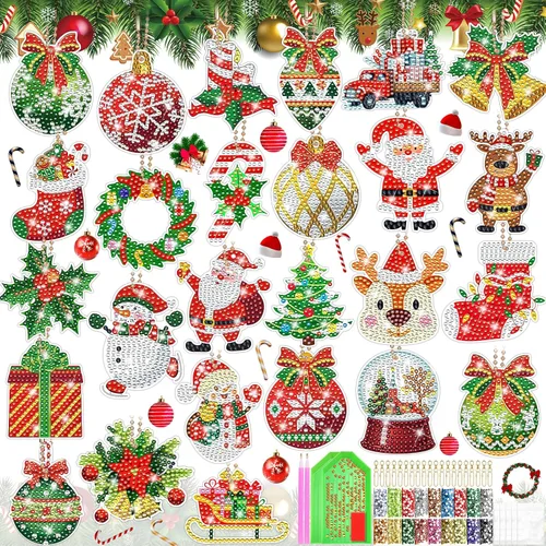 Miniatura 8 de Qinzave 26 piezas de llavero de pintura de diamante de Navidad 5D llavero de arte de diamante, adorno de Navidad con diamantes de imitación
