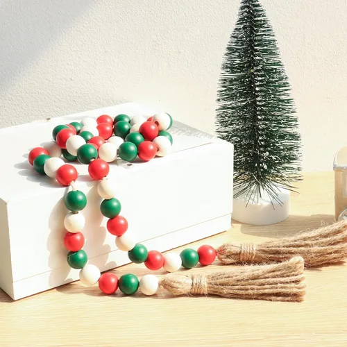 Miniatura 5 de Guirnalda de cuentas de madera de Navidad, cuentas de granja de 39 pulgadas con borlas, bandeja escalonada, decoración para colgar en la pared