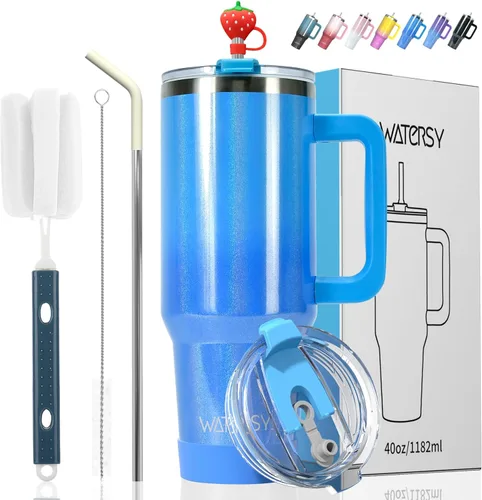 Miniatura 15 de Vaso de 20 oz con asa, vaso con tapa y pajita, vaso de doble pared con aislamiento de acero inoxidable para viajes (frío durante 34 horas), botella