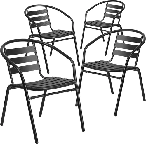 Flash Furniture Sillas apilables de aluminio para restaurante al aire libre, modernas sillas apilables para patio, juego de 4, color negro
