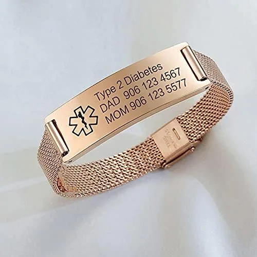 Miniatura 5 de VNOX Medical Alert Bracelets for Men & Women Kids with Free Engraving Adjustable Stainless Steel Mesh Emergency Medical ID Bracelets Wristband