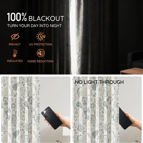 Miniatura 4 de Kayne Studio Paneles de cortina 100% opaca azul gris con estampado de hojas botánicas, cortinas florales de estilo granja para sala de estar y Azul
