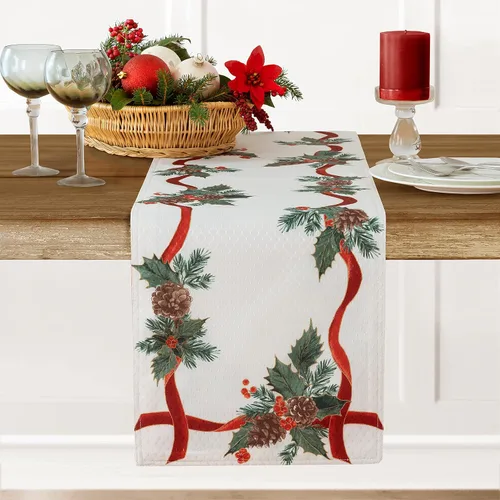 Miniatura 11 de Lintex Evergreen Garland - Manteles individuales de tela navideña con borde de doble cinta, juego de 4, diseño de acebo y piña, fácil cuidado
